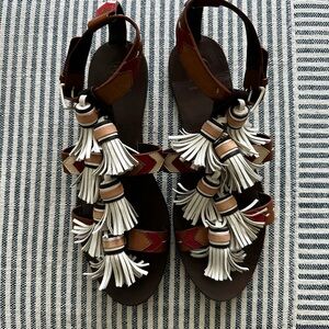 Tory Burch Brown, Red and White Tassel Sandals